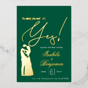 Green Foil “He Asked She Said Yes” Wedding Invitat Foil Invitation