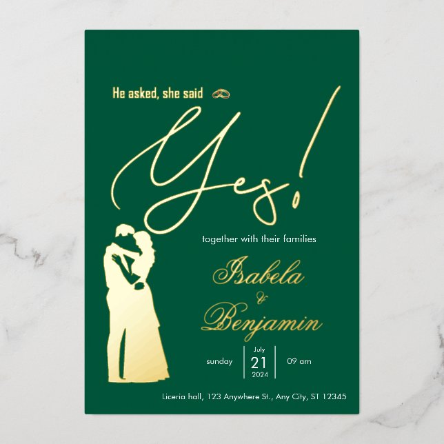 Green Foil “He Asked She Said Yes” Wedding Invitat Invitation (Front)
