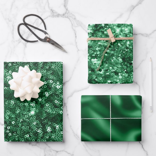Green Foil Holiday Satin and Glitter Christmas Wrapping Paper Sheets (Front)