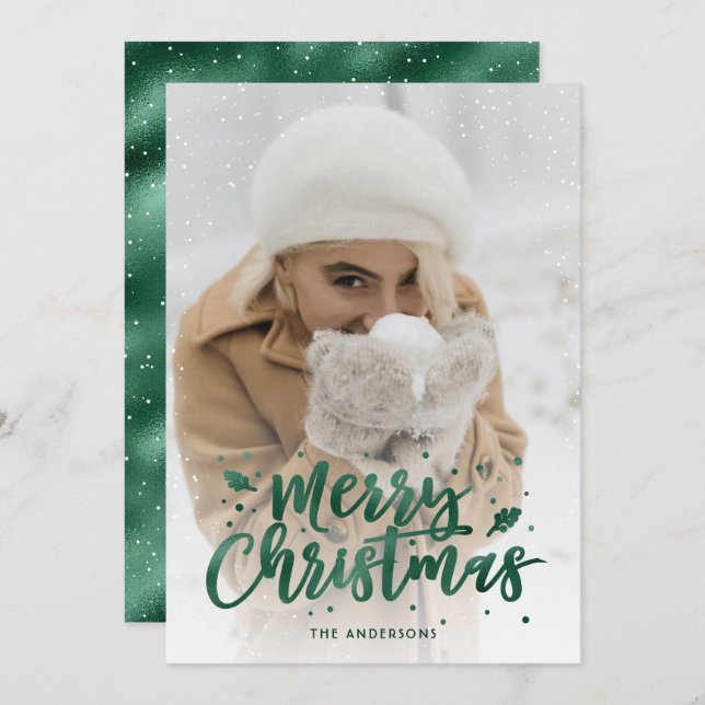Green Foil Script Snow Photo Christmas Cards (Front/Back)