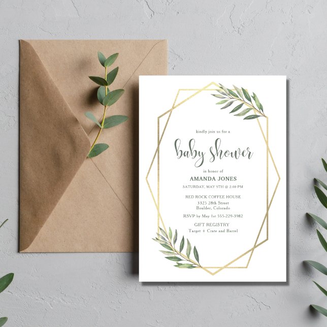 Green Foliage and Gold Bohemian Baby Shower Invitation