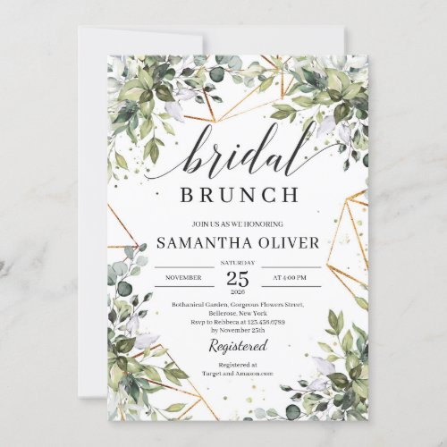 Green foliage and gold frames boho bridal brunch invitation