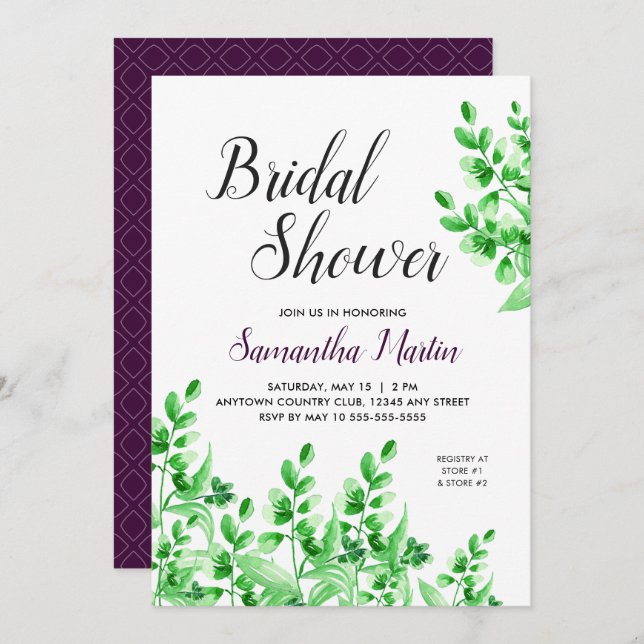 Green Foliage and Plum | Calligraphy Bridal Shower Invitation (Front/Back)