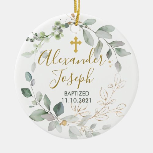 Green foliage baby baptism Photo Ceramic Ornament