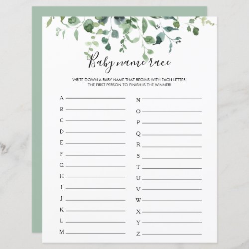 Green Foliage Baby Name Race Baby Shower Game