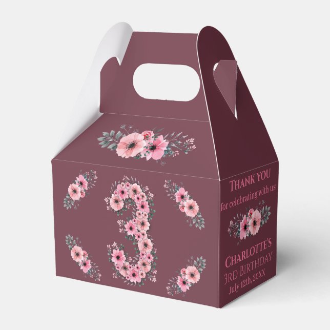 Green Foliage Big 3rd Birthday Girl Pink Flowers Favor Boxes (Front Side)