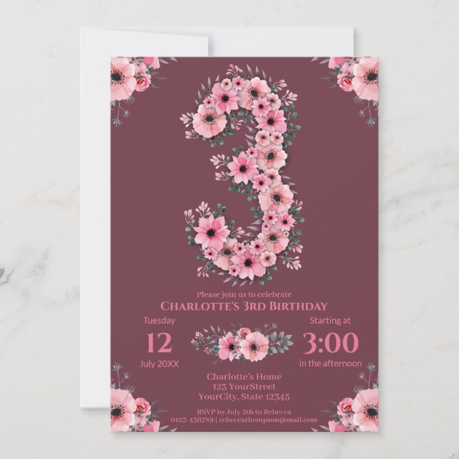 Green Foliage Big 3rd Birthday Girl Pink Flowers Invitation (Front)