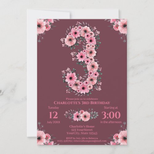 Green Foliage Big 3rd Birthday Girl Pink Flowers Invitation