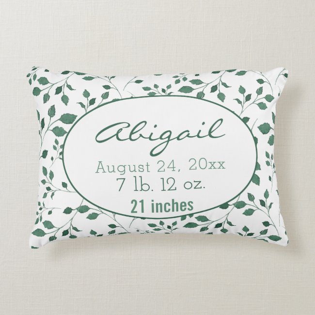 Green Foliage Birth Record Nursery Accent Pillow