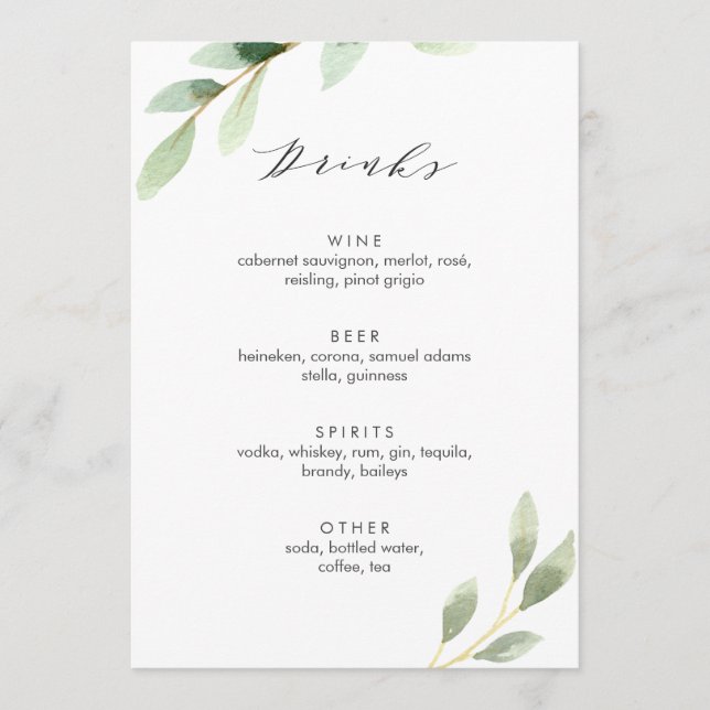 Green Foliage Botanical Wedding Bar Drinks Menu (Front)