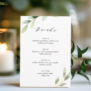 Green Foliage Botanical Wedding Bar Drinks Menu