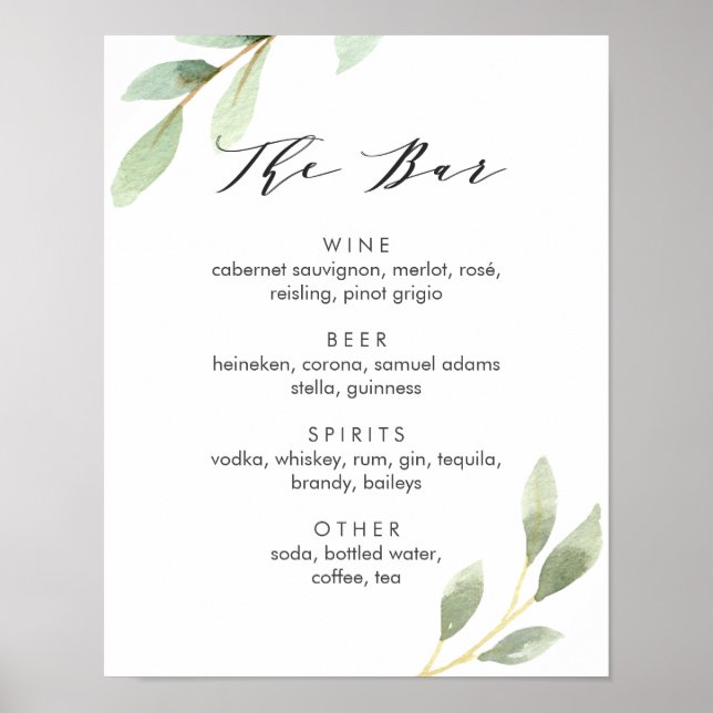 Green Foliage Botanical Wedding Bar Menu Sign (Front)