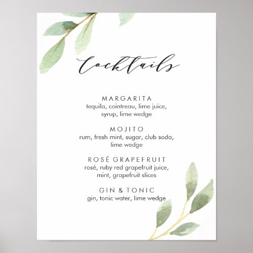 Green Foliage Botanical Wedding Cocktail Menu Sign