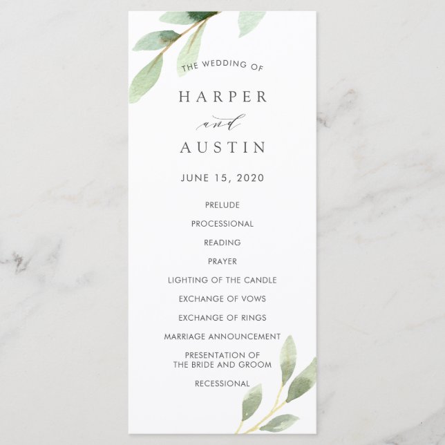 Green Foliage Botanical Wedding Program (Front)