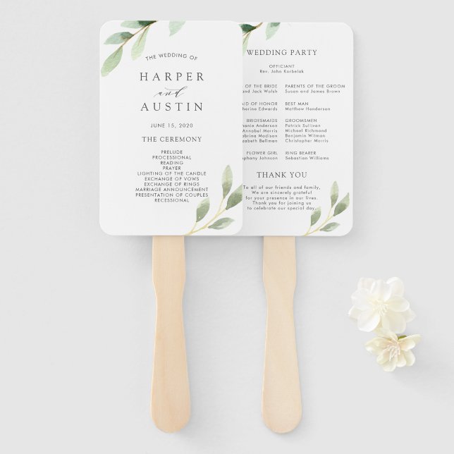 Green Foliage Botanical Wedding Program Hand Fan (Front and Back)