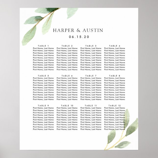 Green Foliage Botanical Wedding Seating Chart (Front)