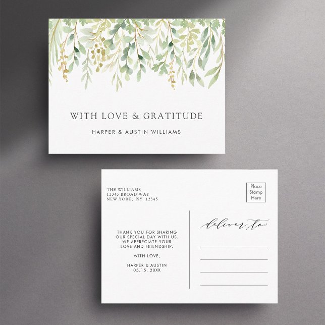 Green Foliage Botanical Wedding Thank You Postcard (Front & Back)