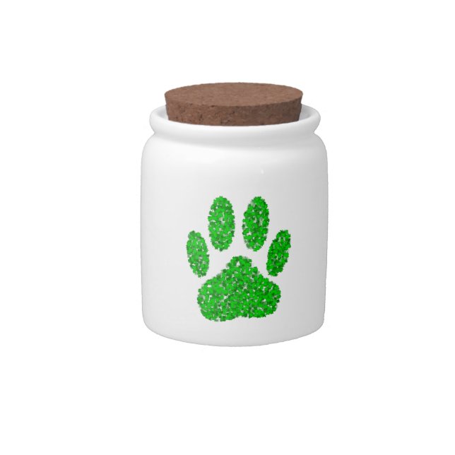 Green Foliage Dog Paw Print Candy Jar (Front)