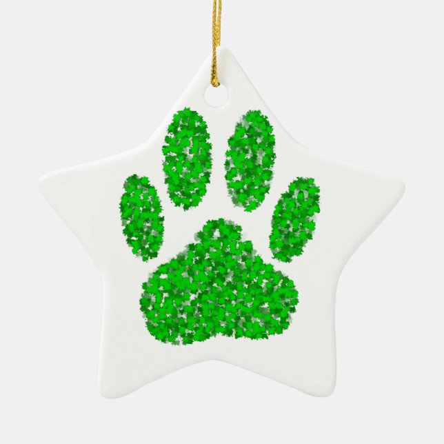 Green Foliage Dog Paw Print Ceramic Ornament (Front)