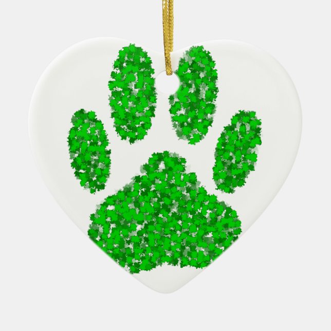 Green Foliage Dog Paw Print Ceramic Ornament (Front)