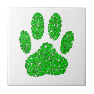 Green Foliage Dog Paw Print Ceramic Tile