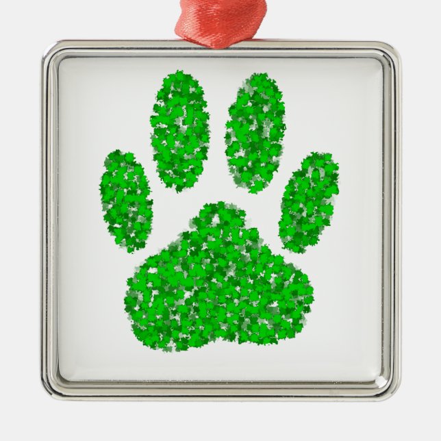 Green Foliage Dog Paw Print Metal Ornament (Front)