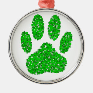 Green Foliage Dog Paw Print Metal Ornament