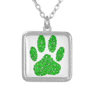 Green Foliage Dog Paw Print Silver Plated Necklace