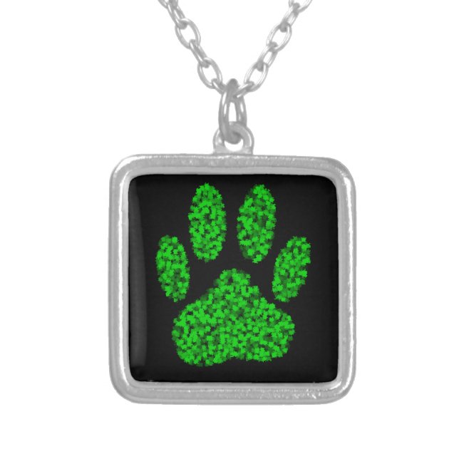 Green Foliage Dog Paw Print Silver Plated Necklace (Front)