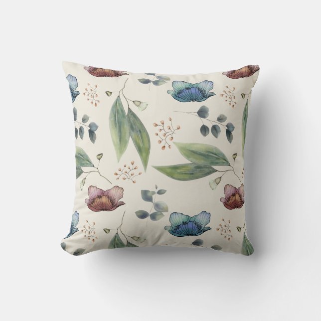 Green foliage eucalyptus red blue flowers throw pillow (Front)