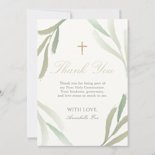 Green Foliage First Holy Communion Thank You Card