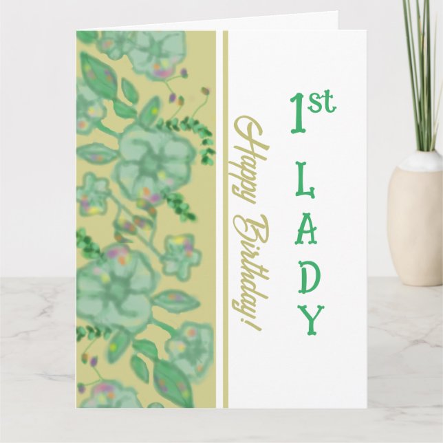 Green Foliage Floral Gold 1st Lady Birthday Card (Front)