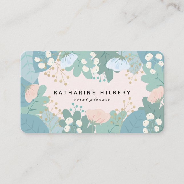 Green Foliage Floral Pink Business Card (Front)