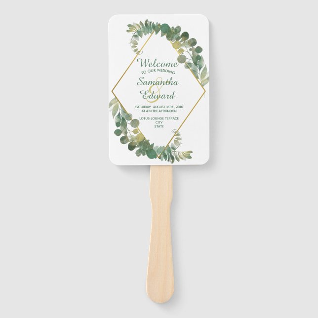 Green Foliage Gold Diamond Frame Wedding Program Hand Fan (Front)