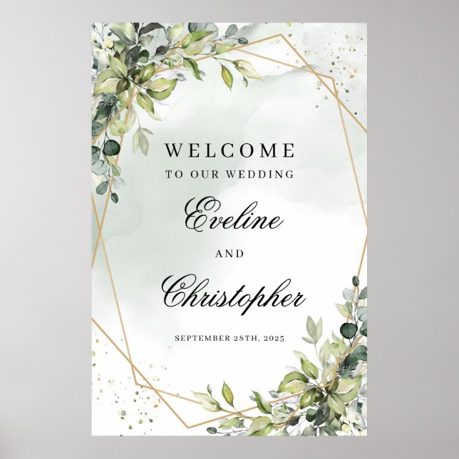 Green foliage gold geometric wedding welcome sign (Front)