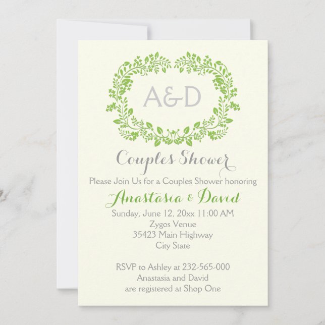 Green foliage initials wedding couples shower invitation (Front)