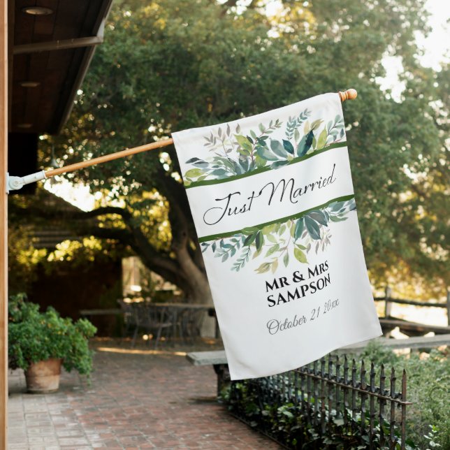 Green Foliage Just Married Wedding House Flag (In SItu)