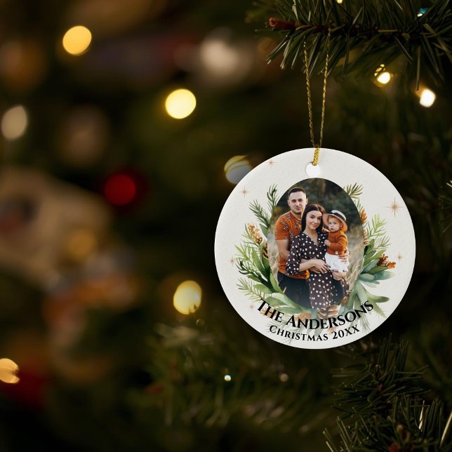 Green Foliage Leaves Family Photo Merry Christmas Ceramic Ornament (Green Foliage Leaves Family Photo Merry Christmas Ceramic Ornament)