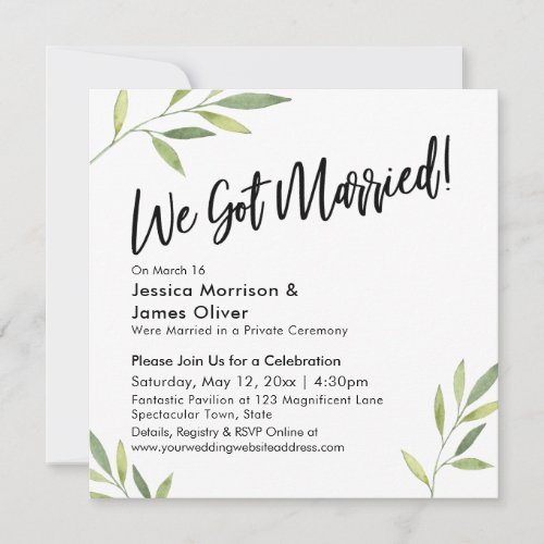 Green Foliage Modern Handwriting We Got Married Invitation