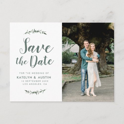 green foliage modern script wedding save the date postcard