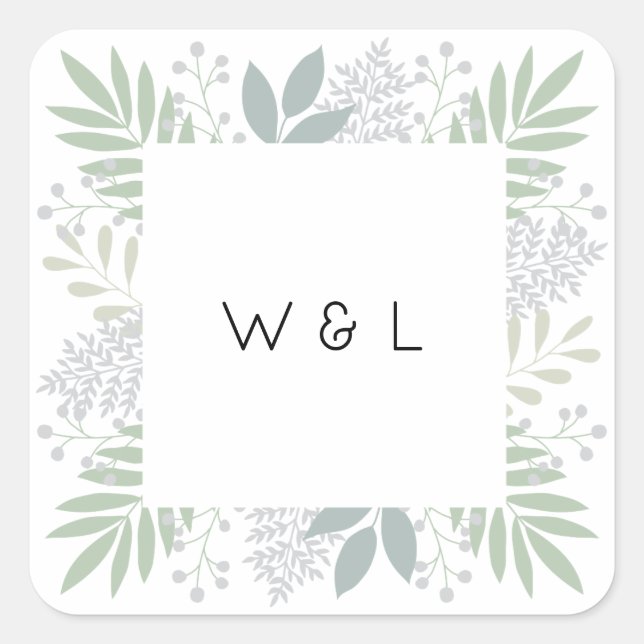 Green foliage monogram sticker | Square (Front)