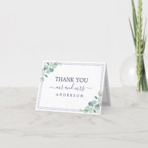 Green Foliage Navy Blue Border Wedding Photo Letterpress Thank You Card
