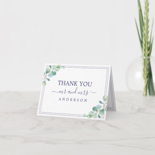 Green Foliage Navy Blue Border Wedding Photo Thank You Card (Front)