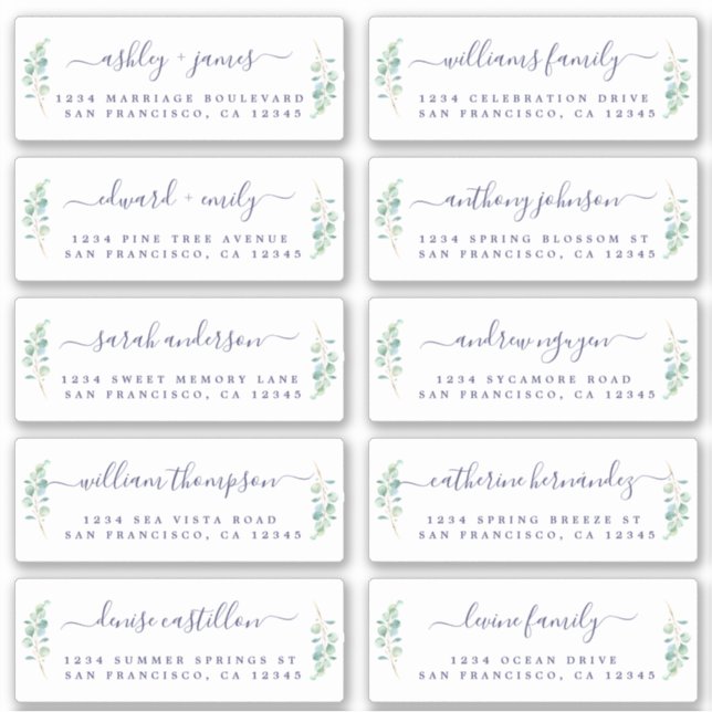 Green Foliage Navy Script Guest Address Labels (Front)