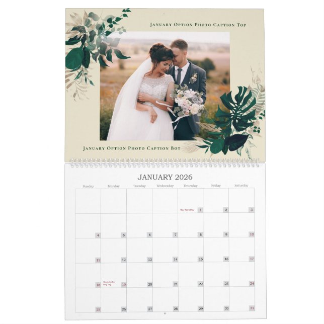 Green Foliage Newlyweds First Year Wedding Photos Calendar (Jan 2026)