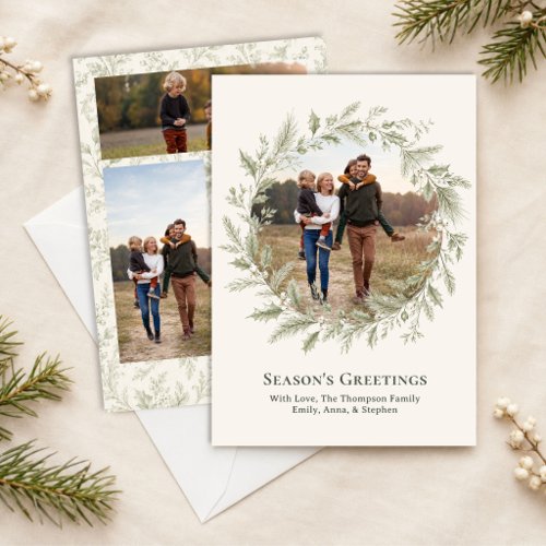 Green Foliage Photo Collage Christmas Wreath Holiday Card