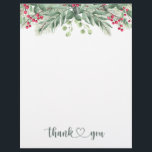 Green Foliage Pine Red Berry Thank You Letterhead<br><div class="desc">Winter Greenery Thank You card. This design features an illustration of pine branchlets and greenery foliage with red berries on white background. Text "Thank You" is written in a calligraphy style. Personalize with you own text.</div>