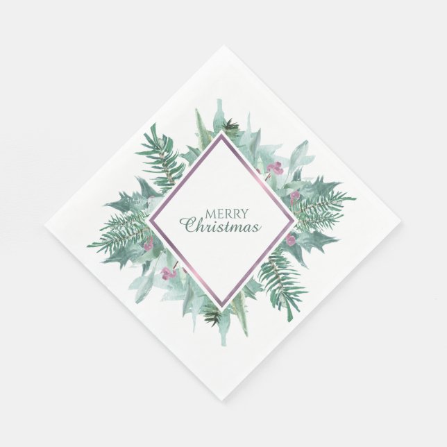 Green Foliage Pink Berry Violet Frame Christmas Napkins (Corner)
