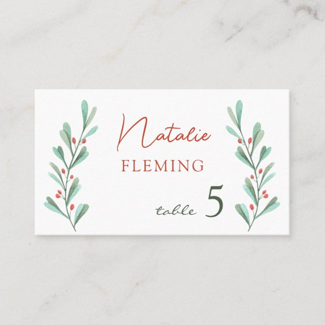Green Foliage Red Berry Christmas Place Card (Front)