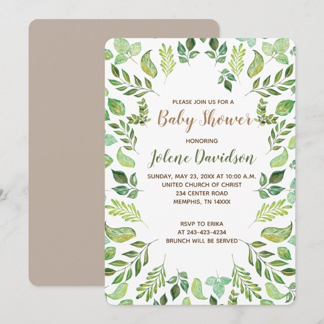 Green Foliage Watercolor Baby Shower Invitation (Front/Back)